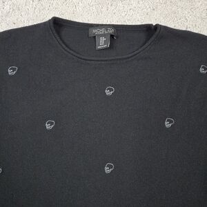 Rachel Zoe Black Embroidered Skull Print Sweater Womens M Goth Knit Casual Cozy